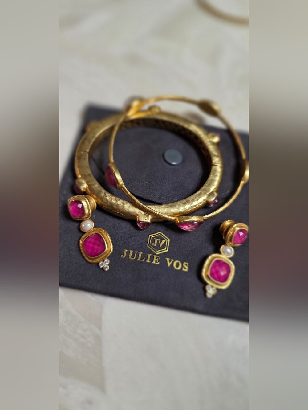 Julie Vos Gold-Tone Bracelet and Earring Set with Pink Stones